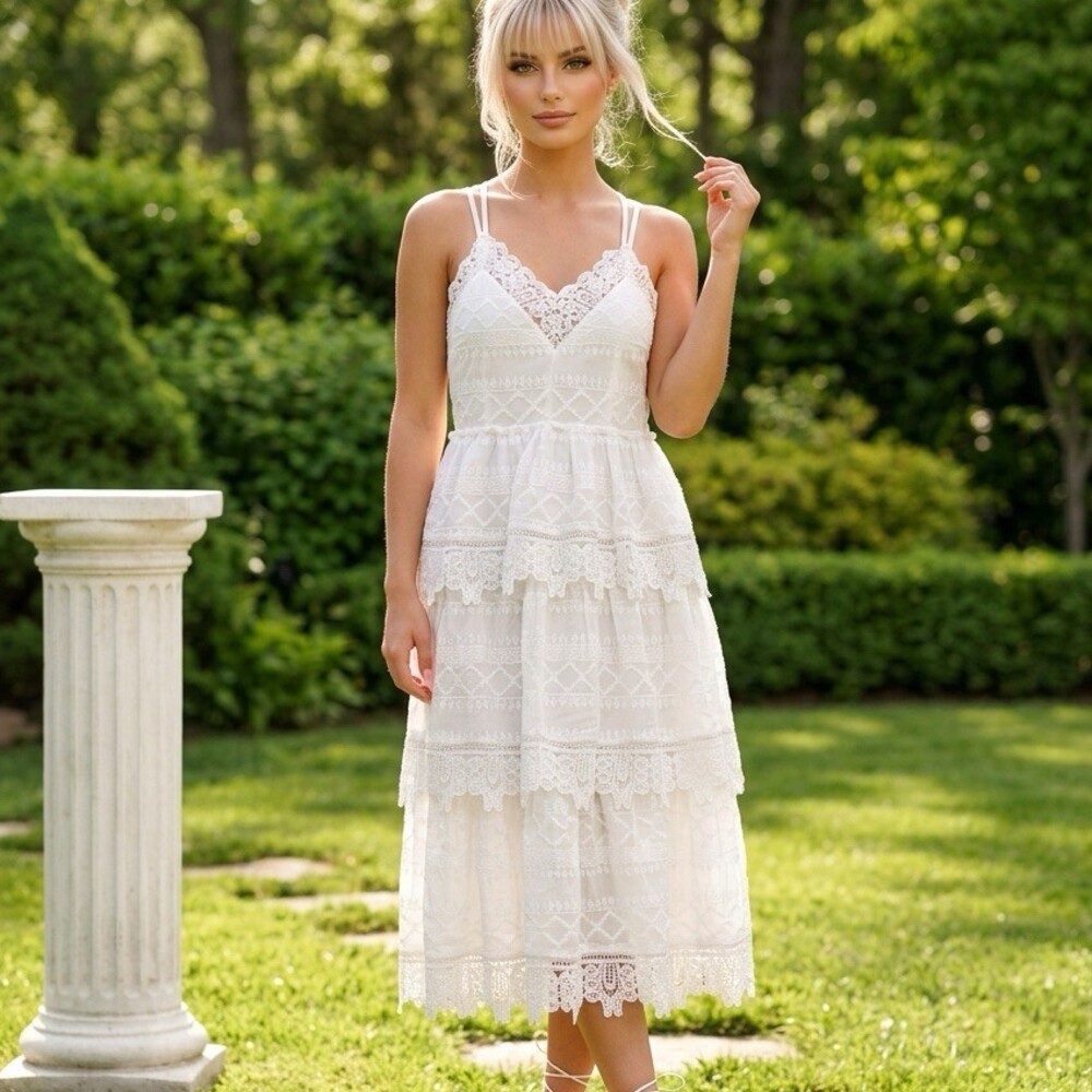 Just Me Dress Womens Size S White Lace Tiered Midi V-Neck Crisscross Back